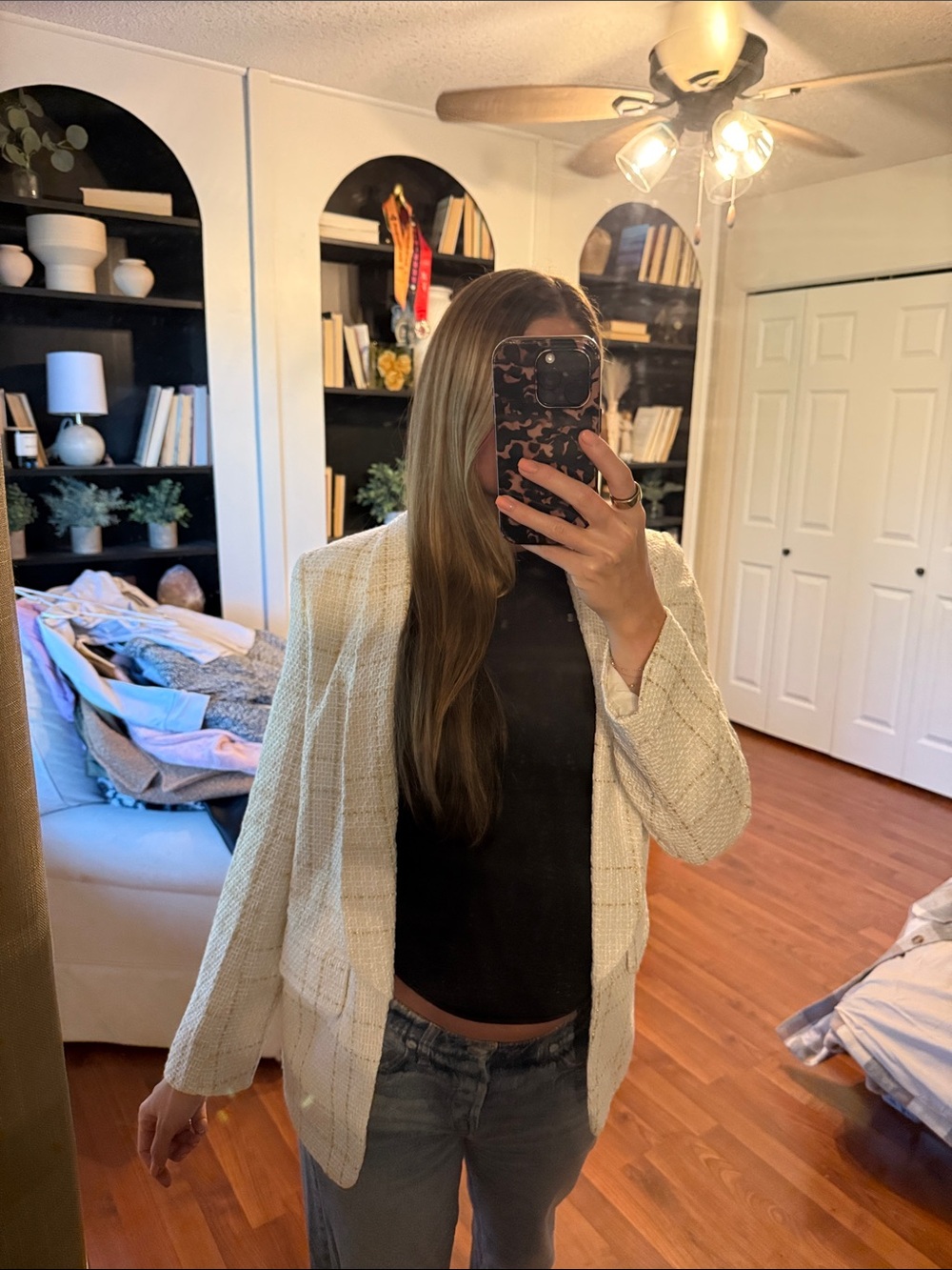 Women's Cream Tweed Open-Front Blazer